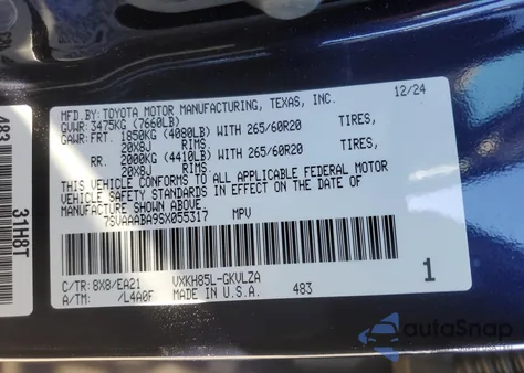 2025 Toyota Sequoia Sr5 from USA, damaged, VIN 7SVAAABA9SX055317